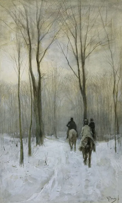 Framed Print : Riders in the Snow in the Haagse Bos, by Anton Mauve, 1880, Dutch watercolor painting. Three men on horseback ride on a road in a forest (BSLOC_2016_2_39)