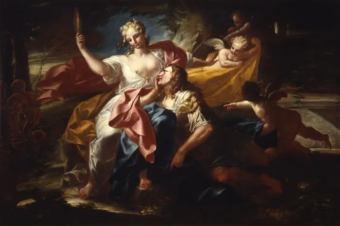 Framed Print : Rinaldo and Armida, by Unknown Artist from North Italy, 1725 - 1750 ca. 18th Century, oil on canvas - Italy, Lombardy, Milan, Castello Sforzesco, Civic Collection of Ancient Art Framed Print : Rinaldo and Armida, by Unknown Artist from North Italy, 1725 - 1750 ca. 18th Century, oil on canvas - Italy, Lombardy, Milan, Castello Sforzesco, Civic Collection of Ancient Art