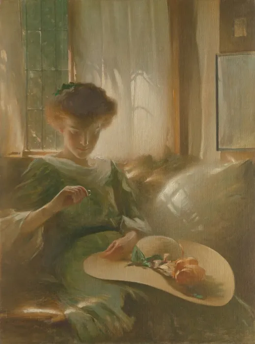 Framed Print : THE RING, by John White Alexander, 1911, American painting, oil on canvas. A softly backlit young woman holds and studies a ring in an interior