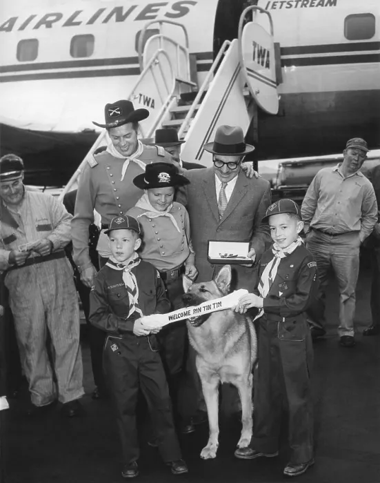 Framed Print : RinTinTin arrives in Washington, D.C. with a group of Boy Scouts on April 9, 1959. - (BSLOC_2014_14_44)
