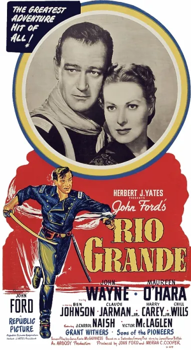 Framed Print : RIO GRANDE, top from left: John Wayne, Maureen O'Hara, bottom: John Wayne on standee, 1950