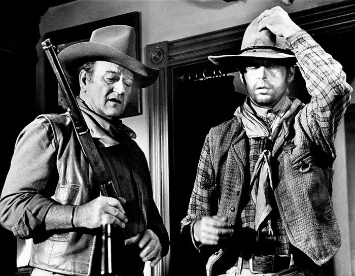 Framed Print : RIO LOBO, from left, John Wayne, George Plimpton, 1970