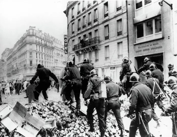 Framed Print : RIOTS-Riot police on barricade in the Latin Quarter of Paris during the riots of 1968.. Courtesy: CSU Archives  /  Everett Collection