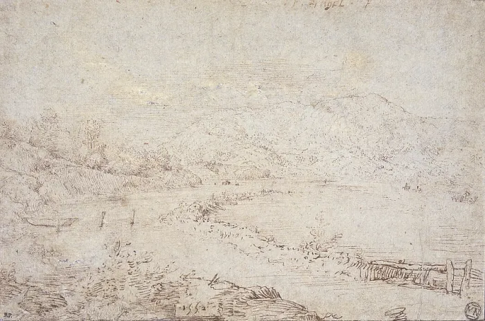 Framed Print : River Landscape, by Anonymous artist, 1552, 16th century, pen and brown ink on paper colored in blue. - France, Paris, Musee du Louvre. Whole artwork view
