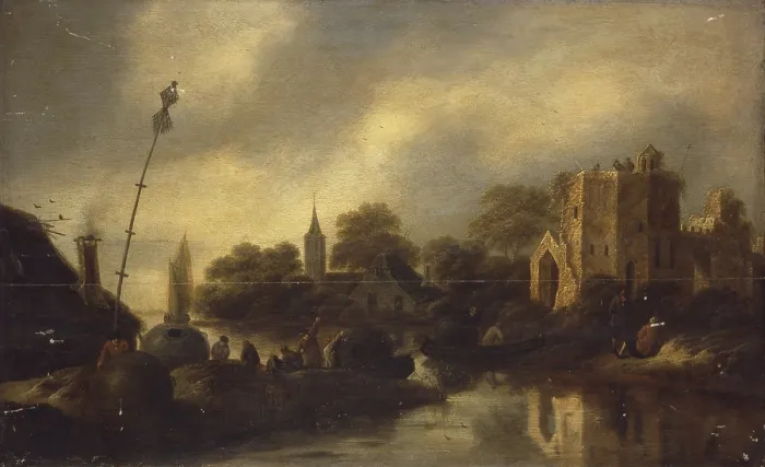 Framed Print : River Landscape, by Claes Molenaer, 17th century, oil on panel. - Italy, Lombardy, Milan, Brera Collection. Whole artwork view