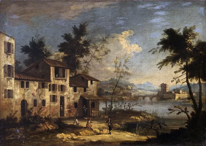 Framed Print : River landscape with rural houses, 1750, 18th century, oil on canvas - Italy, Lombardy, Milan, Castello Sforzesco, Civic Collections of Ancient Art. Whole artwork view