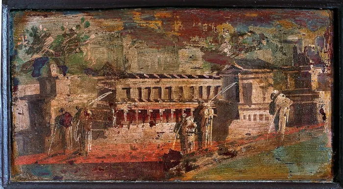 Framed Print : River Landscape, by unknown artist, 45-79, 1st Century A.D. ripped fresco, 21 x 40 cm - Italy, Campania, Naples, National Archaeological Museum, Room LXXIV, inv. 9395