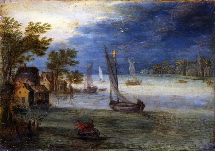 Framed Print : River View with Boats, by Unknown Artist close to Jan Bruegel the Elder also known as Bruegel of the Velvets, end of the 16th Century, oil on copper - Italy, Lombardy, Milan