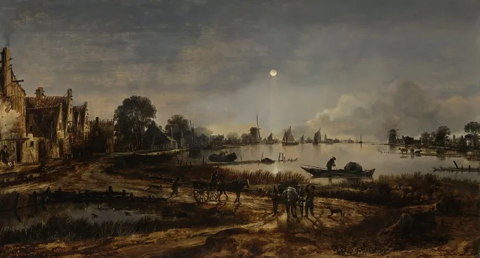 Framed Print : River View by Moonlight, by Aert van der Neer, 1640-50, Dutch painting, oil on panel