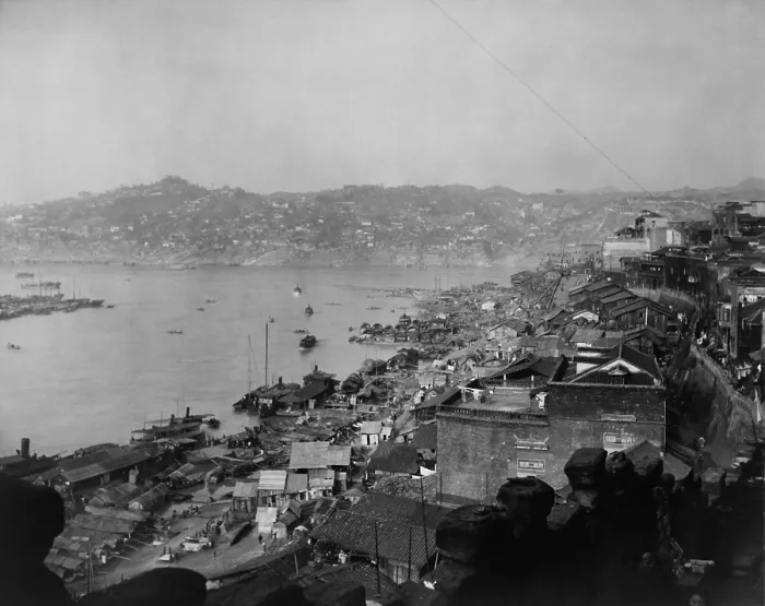 Framed Print : The riverfront of Chongqing (Chungking), China in Jan. 1944. The inland wartime capital of China absorbed over a million refugees from Japanese occupied areas
