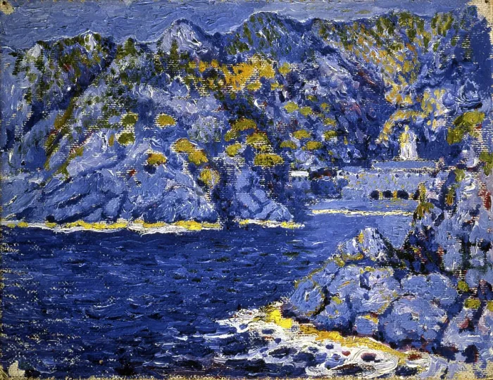 Framed Print : Riviera Lights, by Rubaldo Merello, 1920, 20th Century, oil on canvas - Private collection. Whole artwork view. Coastal landscape with the sea and rocks Framed Print : Riviera Lights, by Rubaldo Merello, 1920, 20th Century, oil on canvas - Private collection. Whole artwork view. Coastal landscape with the sea and rocks