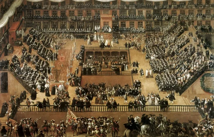 Framed Print : RIZI o RICCI, Francisco (1608-1685). Auto-da-fe on Plaza Mayor, Madrid. 1683. Presided by Charles II on 30th June 1680. Baroque art. Oil on wood. SPAIN. Madrid. Prado Museum