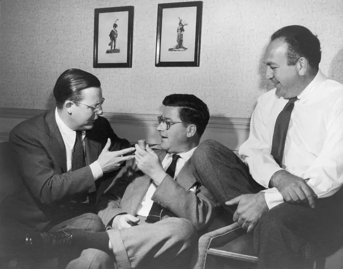 Framed Print : At RKO pictures, Mark Robson, Robert Wise, and producer, Val Lewton meet during the making of the horror film classic, CAT PEOPLE, 1942 Framed Print : At RKO pictures, Mark Robson, Robert Wise, and producer, Val Lewton meet during the making of the horror film classic, CAT PEOPLE, 1942