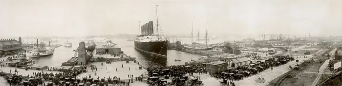 Framed Print : RMS Lusitania in New York harbor at end of a 1907 voyage. Broad view of New York waterfront with a variety of ships. (BSLOC_2012_4_106)