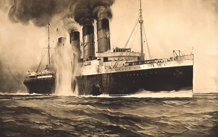 Framed Print : RMS Lusitania torpedoed by a German submarine on May 7, 1915.Near Kinsale Head, Ireland, the torpedo hits behind a gaping hole in the hull