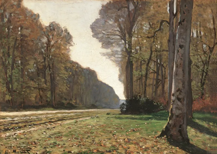 Framed Print : Road to Chailly, by Claude Monet, 1865, 19th Century, oil on canvas - France, Paris, Muse d'Orsay. Whole artwork view. Landscape with trees and a road fading in the distance