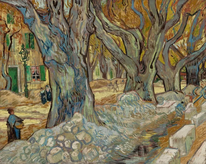 Framed Print : Road Menders at Saint-Rmy, 1889, by Vincent van Gogh, 1853-1890, Dutch Post Impressionist painting, oil on canvas
