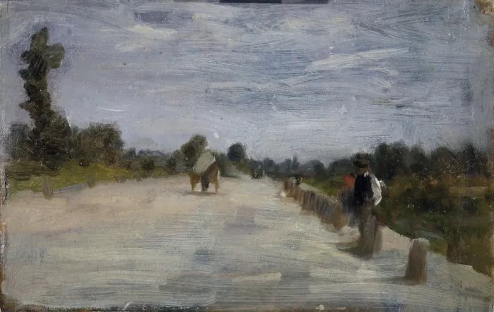Framed Print : On the Road to Montanaro (Sulla strada di Montanaro), by Demetrio Casola, 1885 - 1895, 19th Century, oil on board - Private collection. Whole artwork view