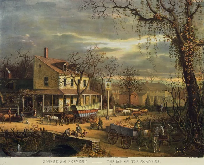 Framed Print : Roadside Inn at a busy crossroads in rural America. Traffic includes horses cows a Conestoga wagon and a man drives a cart hauling slaughtered pigs. 1872. LC-DIG-pga-03254 Framed Print : Roadside Inn at a busy crossroads in rural America. Traffic includes horses cows a Conestoga wagon and a man drives a cart hauling slaughtered pigs. 1872. LC-DIG-pga-03254