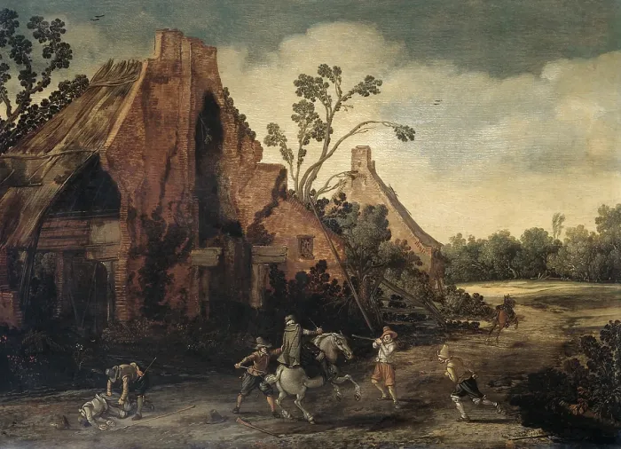 Framed Print : The Robbery, by Esaias van de Velde, 1616, Dutch painting, oil on panel. From a dilapidated farmhouse, two riders attacked by four robbers