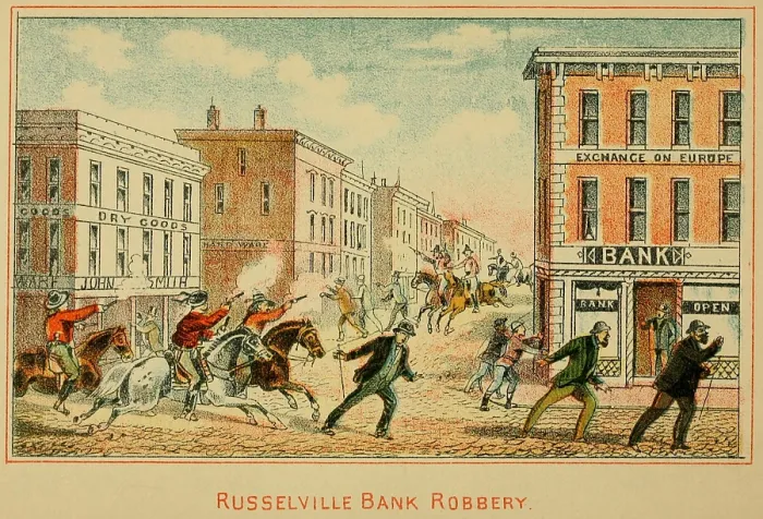 Framed Print : The robbery of Southern Deposit Bank in Russellville, Kentucky, of $12, 000 on March 20, 1868 has been attributed to Jesse James and the Younger Brothers gangs Framed Print : The robbery of Southern Deposit Bank in Russellville, Kentucky, of $12, 000 on March 20, 1868 has been attributed to Jesse James and the Younger Brothers gangs