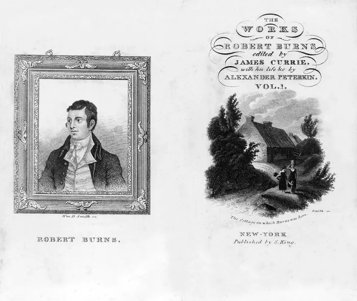 Framed Print : Robert Burns (1759-1796) title page and portrait from THE WORKS OF ROBERT BURNS, 1850. Includes image of Burns birthplace