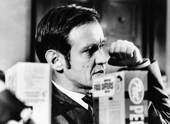 Framed Print : Robert Choate, behind boxes of mass market breakfast cereals, testifying in Congress. Sept. 9, 1972. Choate attacked the nutritional value of many breakfast cereals