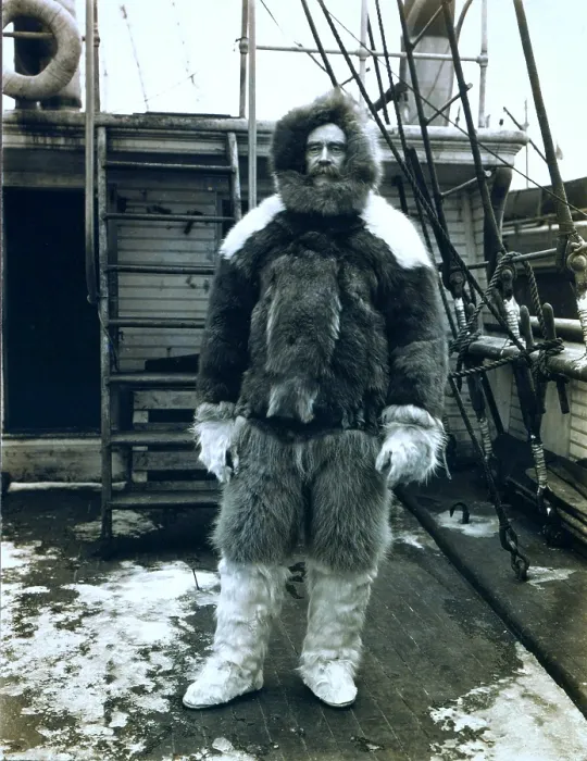 Framed Print : Robert E. Peary (1856-1920) Arctic explorer wearing fur clothing on the deck of his ship, 'Roosevelt.' 1905 expedition Framed Print : Robert E. Peary (1856-1920) Arctic explorer wearing fur clothing on the deck of his ship, 'Roosevelt.' 1905 expedition
