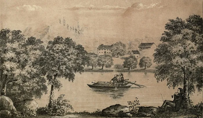 Framed Print : Robert Fulton's first experiment with paddle-wheels on the Conestoga Creek in Pennsylvania when he was 12 years old. 1779. lifeofrobertfult00reigrich_0053
