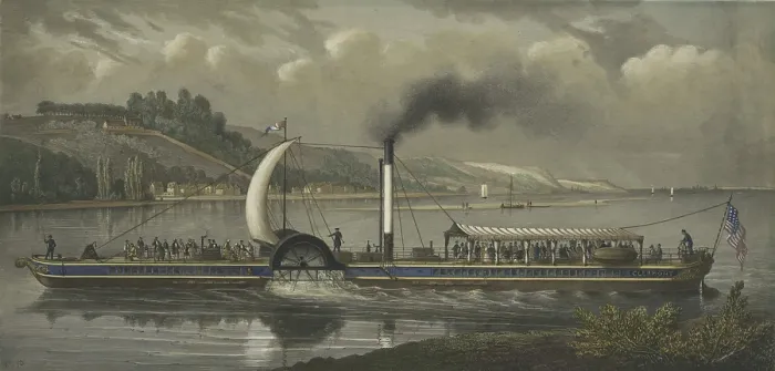 Framed Print : Robert Fulton's steamboat, Clermont, on the Hudson River with paying passengers on board, while making the trip between New York City and Albany, ca