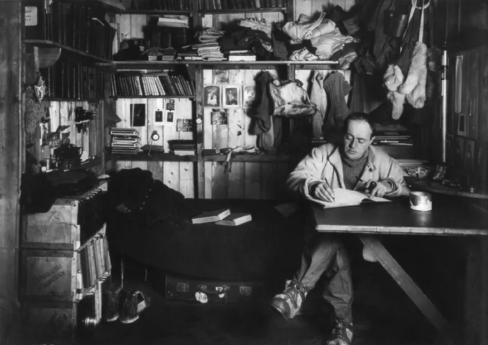 Framed Print : Robert Scott, writing in his journal in the Cape Evans hut, during the Antarctic winter of 1911. Photo by Herbert Ponting (BSLOC_2018_4_86) Framed Print : Robert Scott, writing in his journal in the Cape Evans hut, during the Antarctic winter of 1911. Photo by Herbert Ponting (BSLOC_2018_4_86)