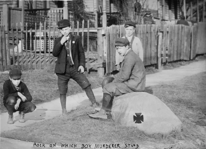 Framed Print : Rock on which boy murderer stood, circa 1910s