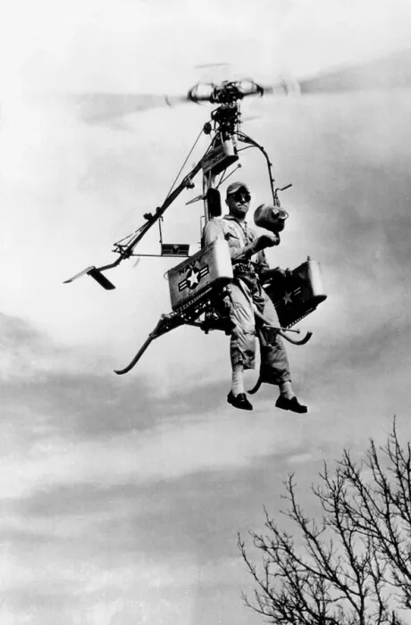 Framed Print : Rocket powered personal helicopter. Called the Pinwheel, it was a strap-on-the-back model and folded to the size of a phone booth