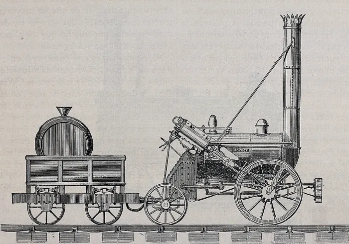 Framed Print : Rocket steam engine designed by Stephenson, founder of the first factory in the world producing steam locomotives. Engraving. SPAIN. Madrid