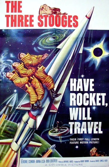 Framed Print : HAVE ROCKET, WILL TRAVEL, on the rocket, from top: Moe Howard. Larry Fine, Joe DeRita on one-sheet poster art, 1959