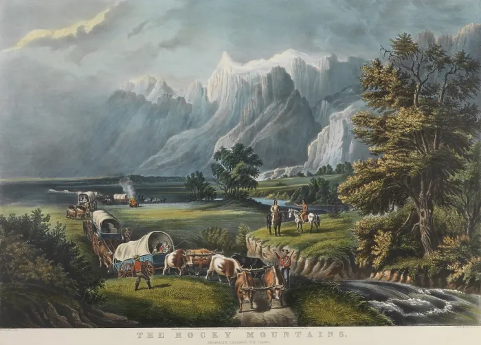 Framed Print : THE ROCKY MOUNTAINS. EMIGRANTS CROSSING THE PLAINS, 1866, by Currier and Ives, from a drawing by Francis F. Palmer