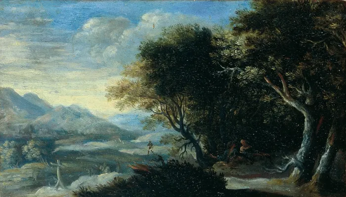 Framed Print : Rocky Wooded Landscape with Asleep Peasants, by Unknown Flemish artist, ca Framed Print : Rocky Wooded Landscape with Asleep Peasants, by Unknown Flemish artist, ca