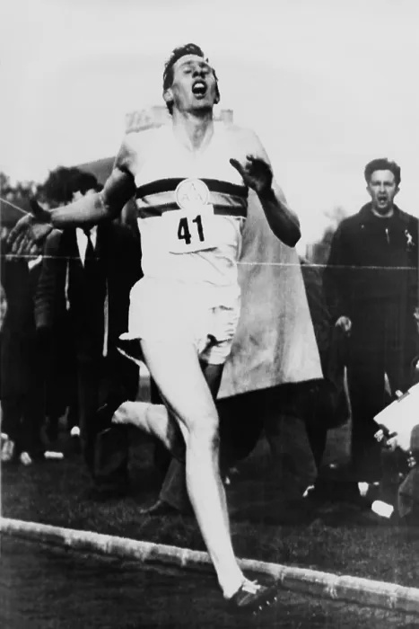 Framed Print : Roger Bannister crossing the finish line in three minutes and 59.4 seconds, achieving the four-minute mile, Oxford, England on May 6, 1954