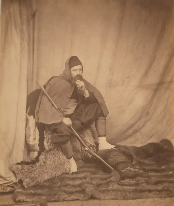 Framed Print : Roger Fenton (1819-1869), English photographer, dressed in a Zouave uniform holding rifle. He had a long and active career, but is best known for his Crimean War coverage in 1855