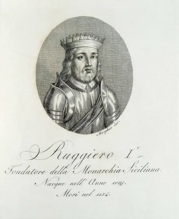 Framed Print : Roger II (1095-1154). Illustration of the book 'Biografia degli uomini illustri del regno di Napoli'. Engraving. SPAIN. Madrid. National Library