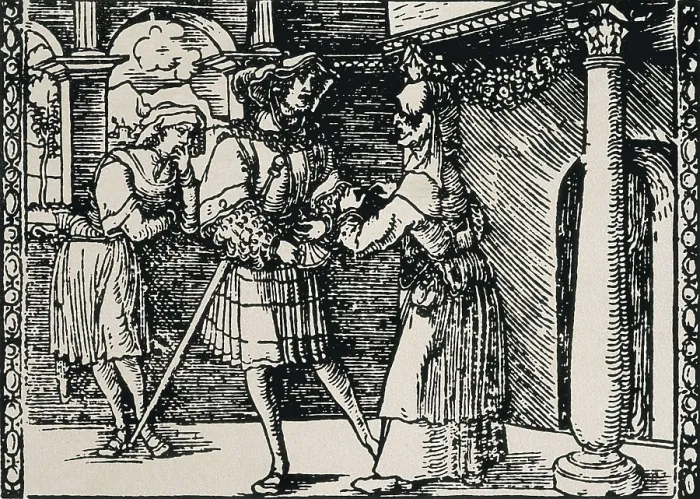 Framed Print : ROJAS, Fernando de (1465-1541). Representation of Prmeno, Calisto and Celestina, three of the main characters of 'La Celestina'. Xylography