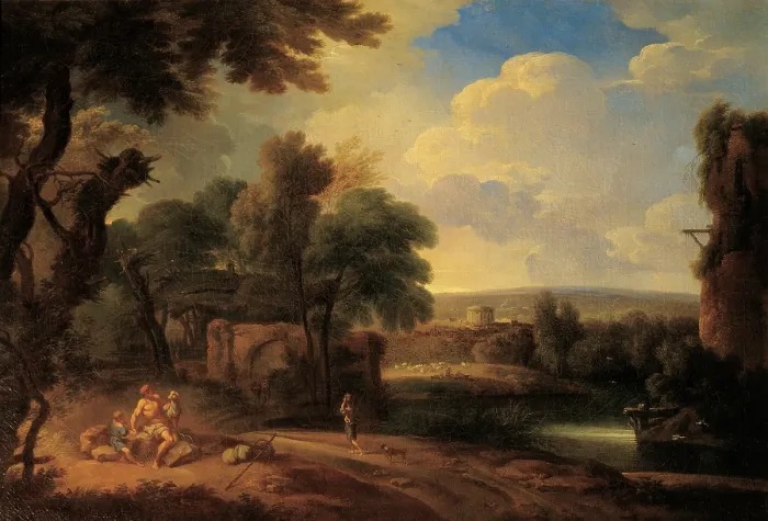 Framed Print : Roman artist, Landscape with Figures, 17th Century, oil on canvas, Italy, Lombardy, Milan, Brera Art Gallery, (575734) Everett CollectionMondadori Portfolio**US SALES ONLY**