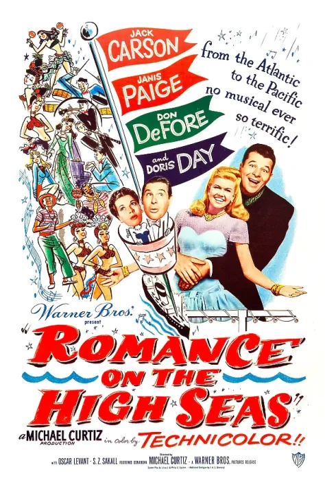 Framed Print : ROMANCE ON THE HIGH SEAS, US poster, center from left: Janis Paige, Don DeFore, Doris Day, Jack Carson, 1948