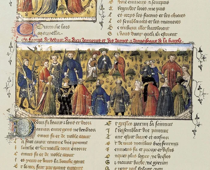 Framed Print : The Romance of the Rose. s.XIV. Court dance with musicians playing. Appear: the God of Love, Beauty, Liberation, Frankness, Courtesy and Youth. Gothic art. Miniature Painting