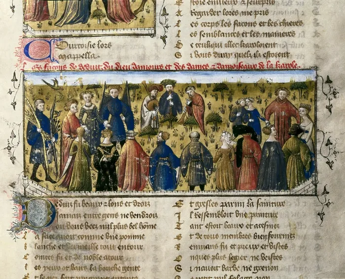 Framed Print : The Romance of the Rose. s.XIV. Court dance with musicians playing. Appear: the God of Love, Beauty, Liberation, Frankness, Courtesy and Youth. Gothic art. Miniature Painting