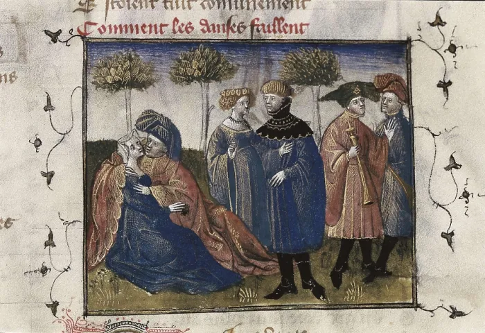 Framed Print : The Romance of the Rose. s.XIV. 'Courtesan gallant scene'. Gothic art. Miniature Painting. SPAIN. Valencia. Valencia University Library