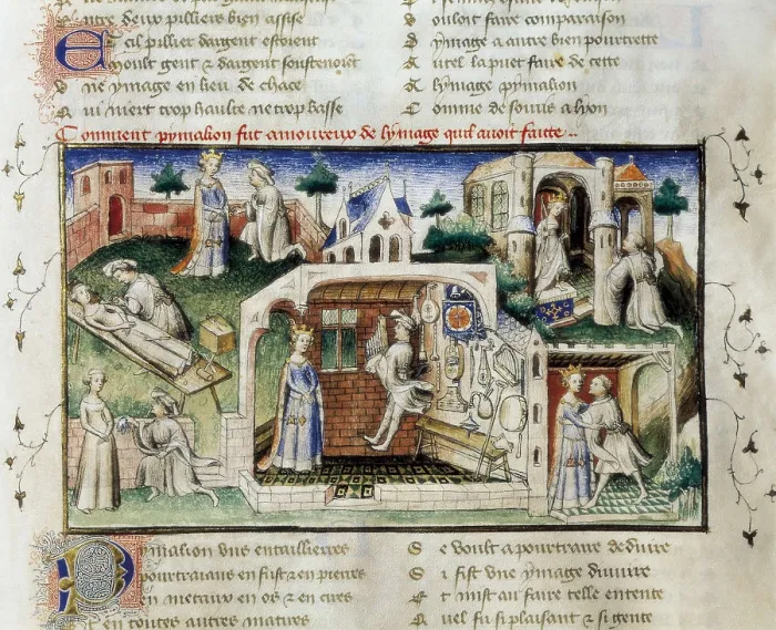 Framed Print : The Romance of the Rose. s.XIV. 'How Pygmalion fell in love with the statue that he had made'. Miniature (fol. 142rv.). Gothic art. Miniature Painting. SPAIN. Valencia Framed Print : The Romance of the Rose. s.XIV. 'How Pygmalion fell in love with the statue that he had made'. Miniature (fol. 142rv.). Gothic art. Miniature Painting. SPAIN. Valencia