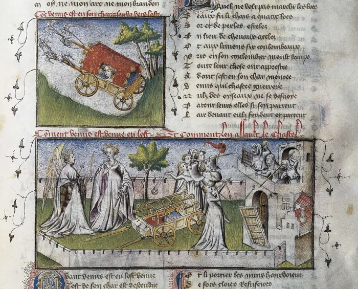 Framed Print : The Romance of the Rose. s.XIV. 'How Venus arrives and attacks the Castle built by Jealousy'. Miniature, folio 59rv. Gothic art. Miniature Painting. SPAIN. Valencia