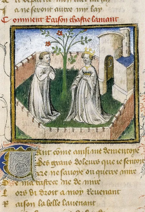 Framed Print : The Romance of the Rose. s.XIV. Love scene of the young lovers before the rosebush. Gothic art. Miniature Painting. SPAIN. Valencia. Valencia University Library Framed Print : The Romance of the Rose. s.XIV. Love scene of the young lovers before the rosebush. Gothic art. Miniature Painting. SPAIN. Valencia. Valencia University Library