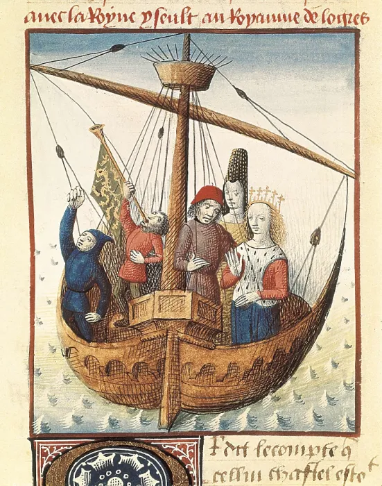 Framed Print : Romance of Tristan and Iseult by Everard de Espinques, written by Gassien de Poitiers. Fol. 282v. The queen Iseult releases Tristan and they board towards the kingdom of Logres